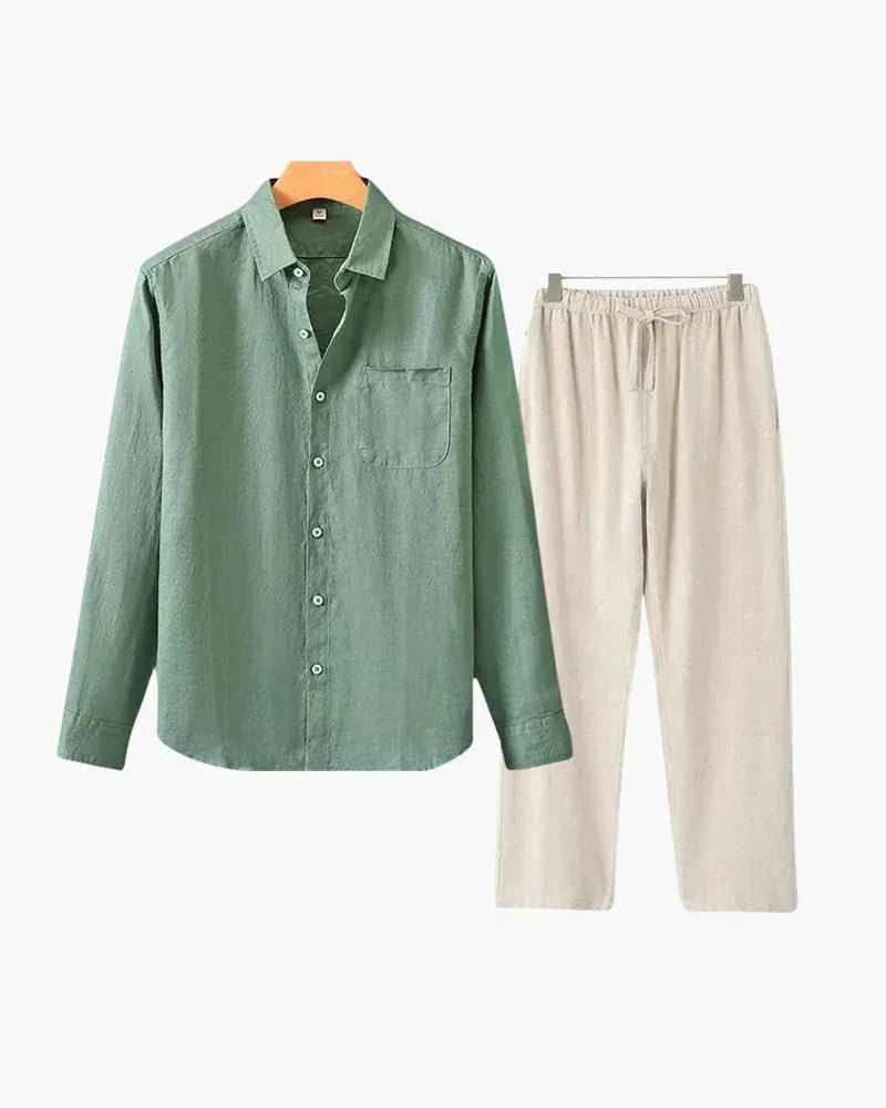 Pantalón Camisa Verde De Lino Conjunto Camisa Verde Pantalón Beige 100% Lino