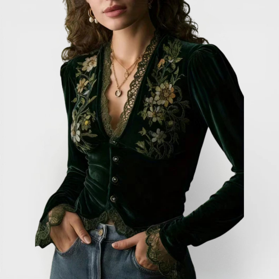 Aitana  | Blusa de Terciopelo con Flores Bordadas