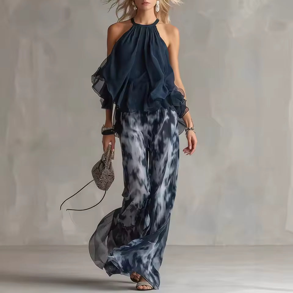 Emma | Conjunto de blusa estilo halter y pantalón ancho estampado