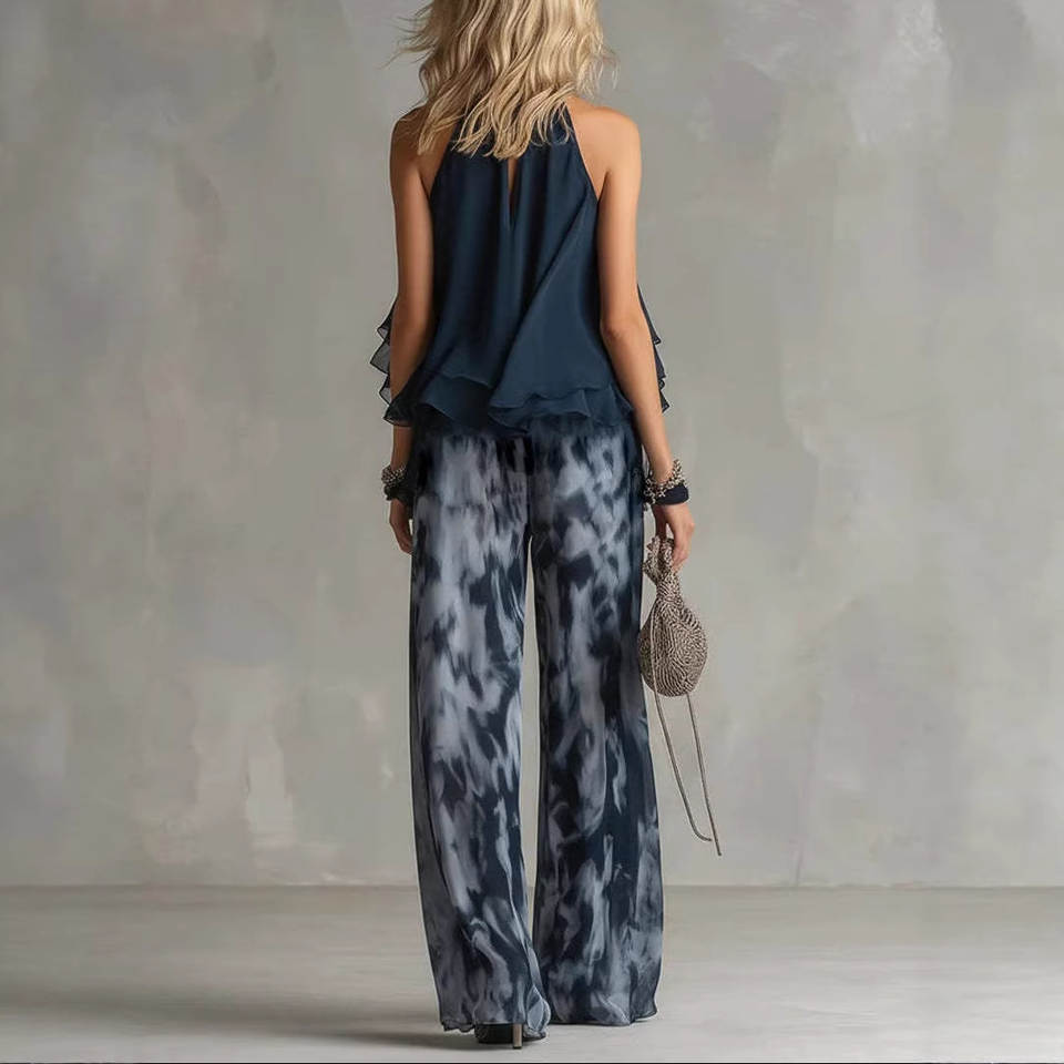 Emma | Conjunto de blusa estilo halter y pantalón ancho estampado