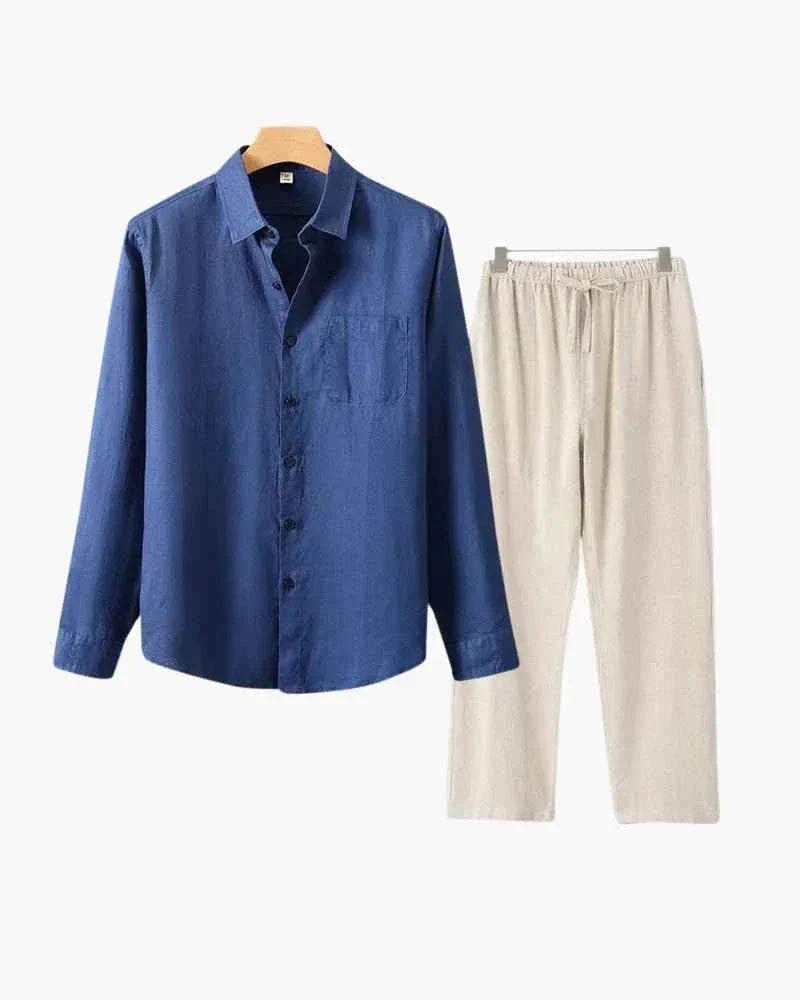 Conjunto Camisa Azul Marino + Pantalón Beige - 100% Lino