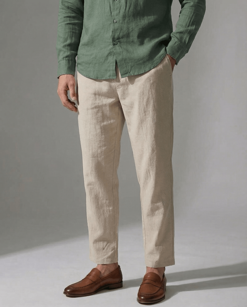 Conjunto Camisa Verde + Pantalón Beige - 100% Lino