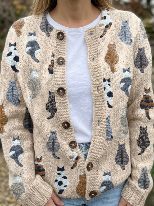 Natalia | Cárdigan acogedor con estampado de gato